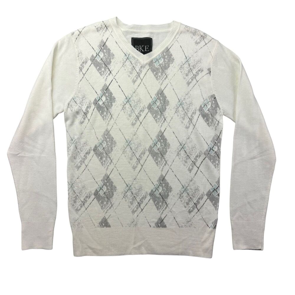 BKE Sweater Men's Medium Grey White Argyle Long Sleeve V-Neck Stretch Top Buckle
